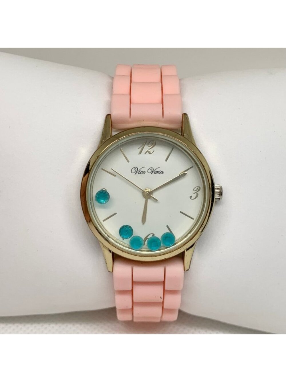 Vice Versa women Floating blue Stones Watch gold toned 30mm quartz pink running